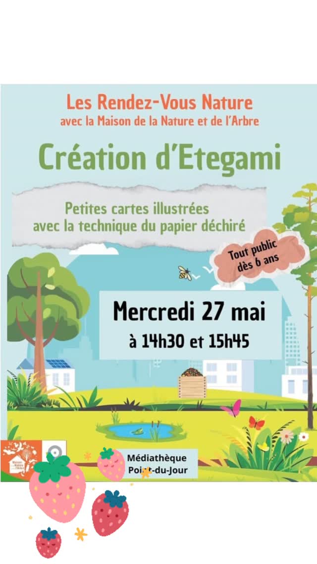 Les Rendez-vous nature 🌳 à la médiathèque Point-du-Jour, avec la @maisondelanatureetdelarbre @gpso_seineouest

Venez créer des etegami, petites cartes japonaises illustrées, sur le thème des fruits de saison ! 🍓🍏🍋🍒

Je vous propose un atelier d’etegami en « Chigirie » (papier déchiré) afin de valoriser les journaux, prospectus et papier inutilisés pour créer un etegami autour d’un motif végétal à envoyer à son entourage. 😍

Un atelier proposé par la Maison de la Nature et de l’Arbre, structure de sensibilisation à l’écocitoyenneté de GPSO.

📆 Mercredi 27 mai

⌚️2 séances : 14h30 et 15h45

📍Médiathèque Point-du-Jour (128, rue les enfants du Paradis)

📢 Tout public dès 6 ans

Sur inscription :
💻 mediatheques.boulognebillancourt.com
☎️ 01 55 18 46 39

#atelier #gpso #etegami #nature #mediatheques